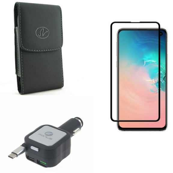 Galaxy S10e Screen Protector w Case Belt Clip w Car Charger - Tempered Glass 5D Curved Edge, Leather Holster Cover, Retractable 4.8Amp Type-C for Samsung Galaxy S10e Phone