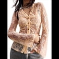 thumbnail image 2 of Tops de Encaje para Mujer, Blusa Corta de Transparente de Larga con Lazo Frontal Abierto Albaricoque XL, 2 of 9