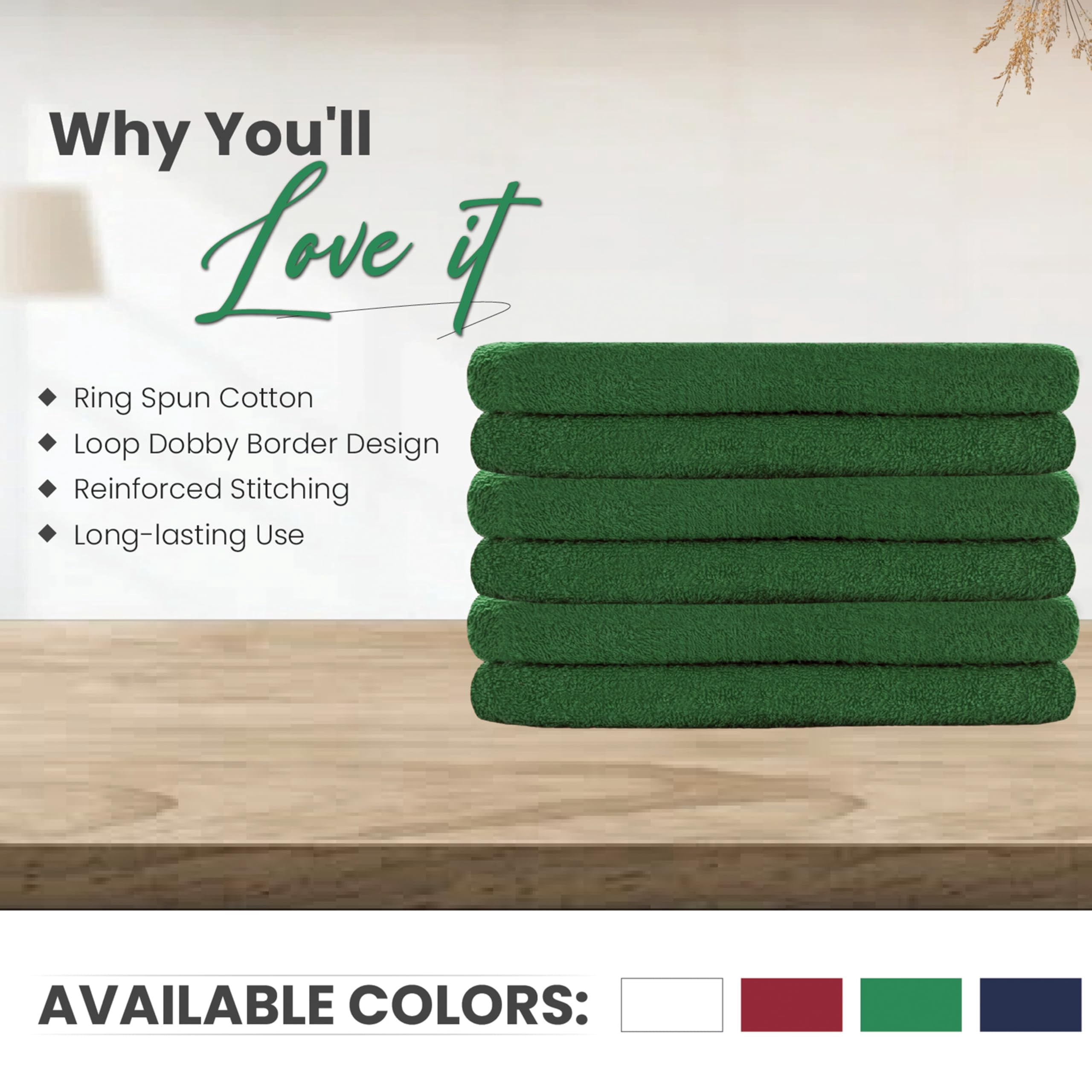 SupremePlus Premium Absorbent 16" x 27" 100% Ring Spun Cotton Hand Towels, Green 12 Count