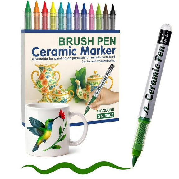 12-Color Porcelain Paint Pens,Brush Tip Ceramic Markers for Mugs Plates Glass DIY and Decor,10ml,White,1 Box