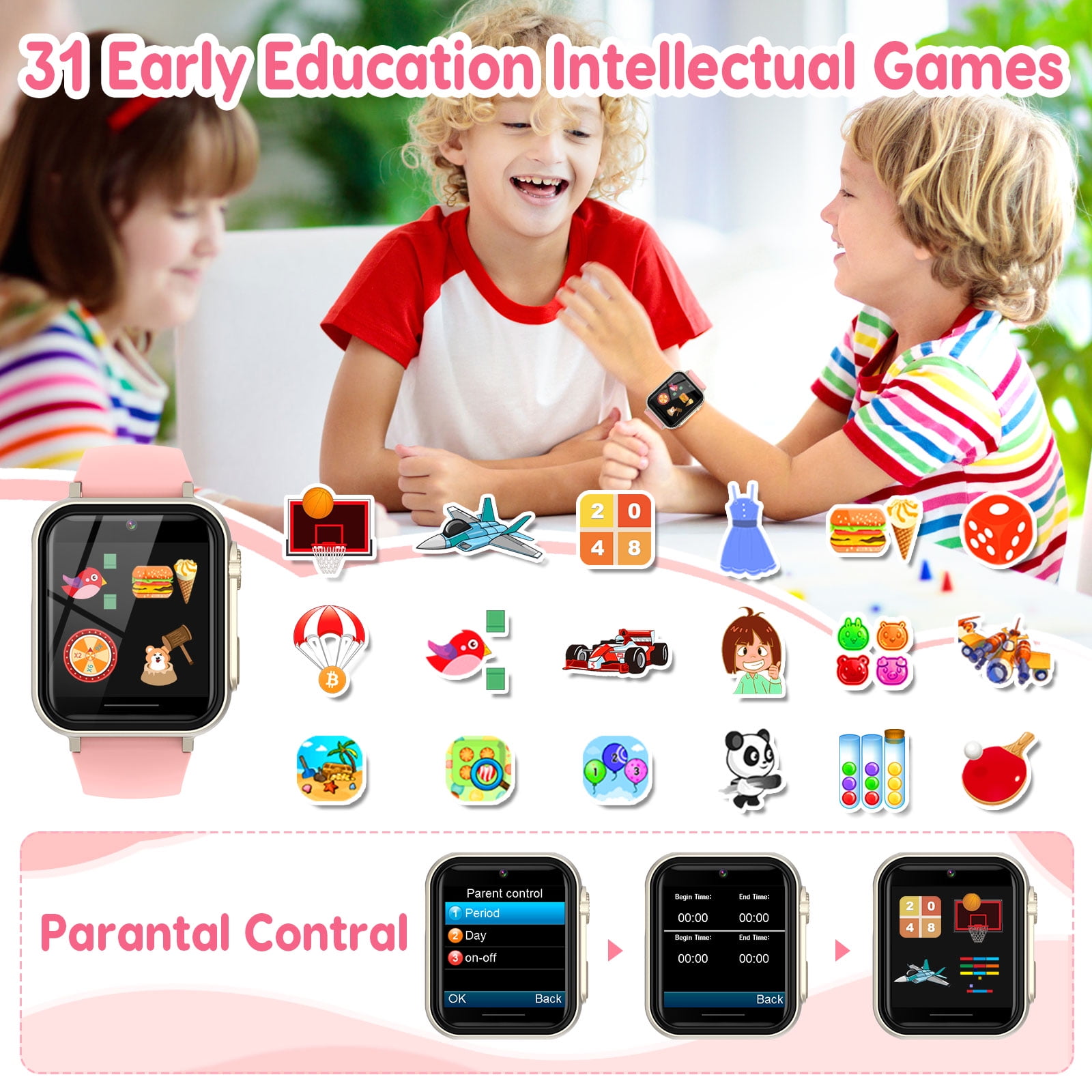 Eurhowing Kids Smart Watch Age 3-12, 31 Games, Learning Cards, HD Touch Screen, Camera, Music, Audiobook, Pedometer, Fun & Educational Birthday Gift Idea, Pink