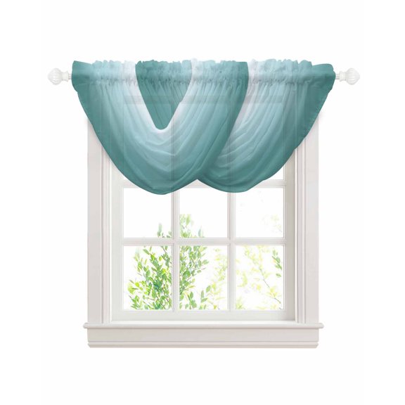 Turquoise Ombre Sheer Waterfall Valance Curtains for Window, Teal White Gradient Modern Abstract Art Rod Pocket Sheer Topper Swag Curtains for Living Room, Kitchen 38.5"W x 47.2"L, 2 Panels