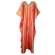 Mogul Women's Caftan Silk Orange Kashmiri Embroidered Maxi Dress Kaftan XXXL