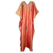 Mogul Women's Caftan Silk Orange Kashmiri Embroidered Maxi Dress Kaftan XXXL