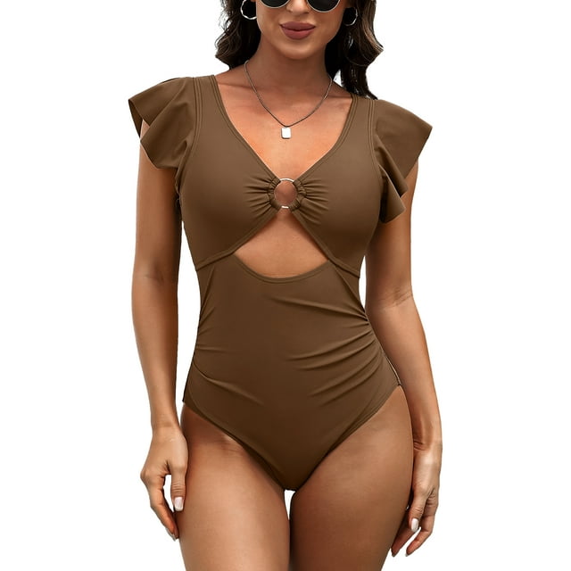 Charmo Womens V Neck 1 Piece Monokini Swimwear Ruffled Sleeve Swimsuit Tummy Control Bath Suit