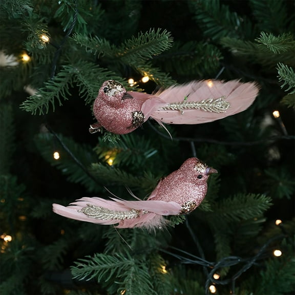 Honeeladyy 2Pcs Pink Glitter Artificial Birds with Feathers for Decoration Fake Birds Ornaments for Crafts Home Party Holiday Decor, Christmas Tree, Realistic Bird Hanging Ornaments, 6.3" x1.78"