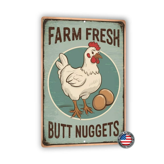 Funny Chicken Sign - 12x8 Inch 'Farm Fresh Butt Nuggets' - Humorous Farmhouse Decor