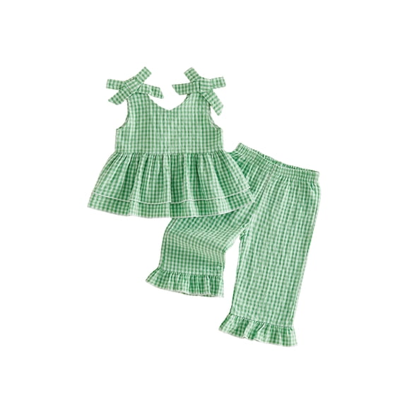 BemeyourBBs Toddler Baby Spring Summer Fall Clothes Cute Baby Girl Plaid Gingham 2 Pieces Outfit Bow Strap Sleeveless Tunic Shirt Babydoll Tank Vest Tops and Wide Leg Pants Set