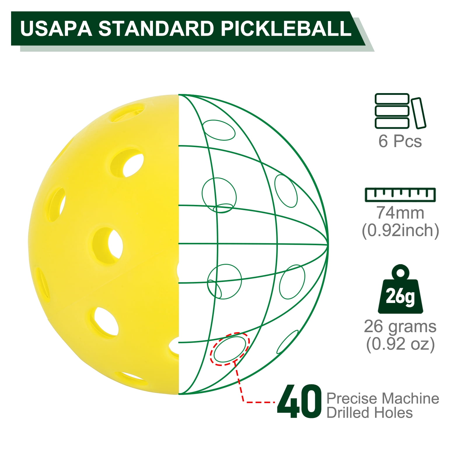 Unique Bargains Outdoor Pickleball Balls 40 Holes Pickleball Balls for Amateurs Sport Yellow