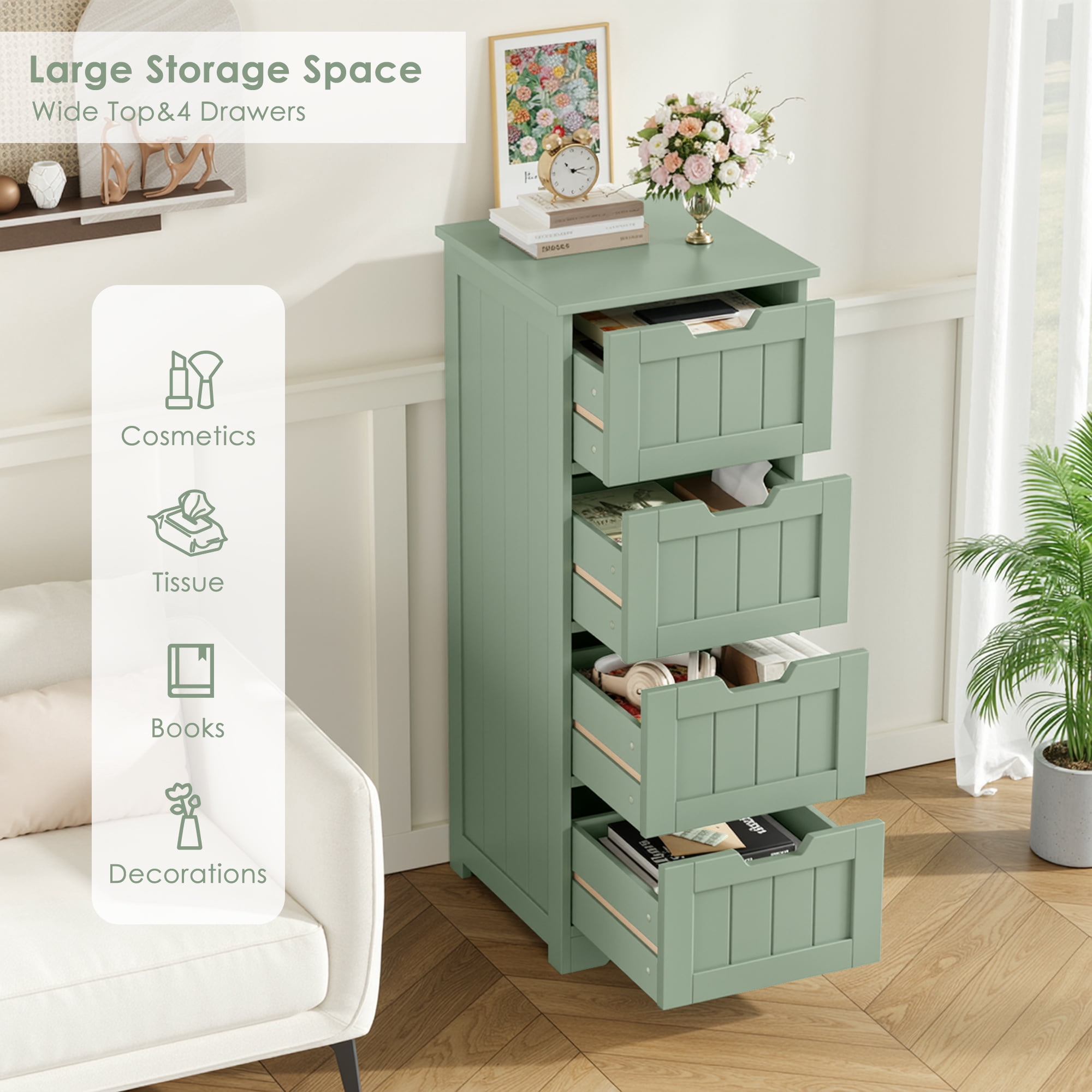 Homfa Bathroom Storage Cabinet, Free Standing Narrow Cabinet with 4 Drawers Entryway Storage Organizer for Living Room Bedroom, Green