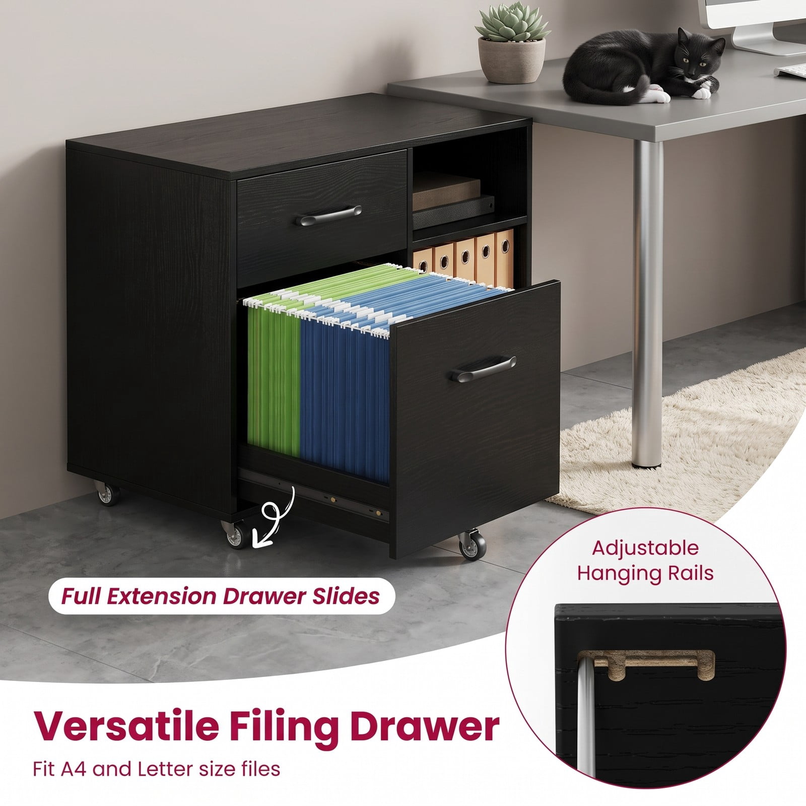 Furnibear 3-Drawer Mobile Lateral File Cabinet Printer Stand, Rolling Wood Filing Cabinet with Locking Wheels and 3-Level Shelf for Home Office, Holds A4 and, Black