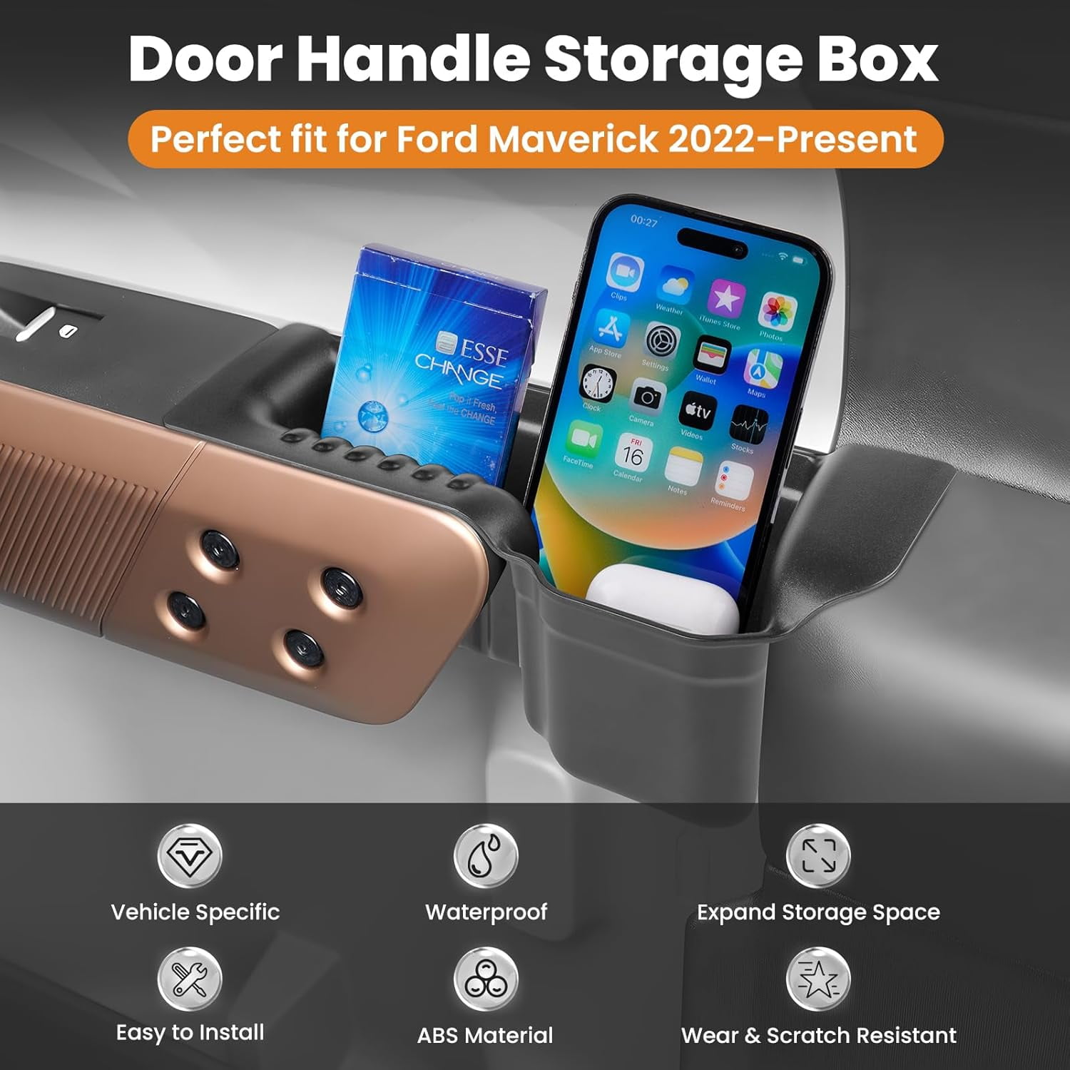 Canvcle Door Handle Storage Box for 2022-2025 Ford Maverick Accessories, Front Rear Door Side Storage Insert Tray Organizer Grab Handle Pocket Container 4PCS