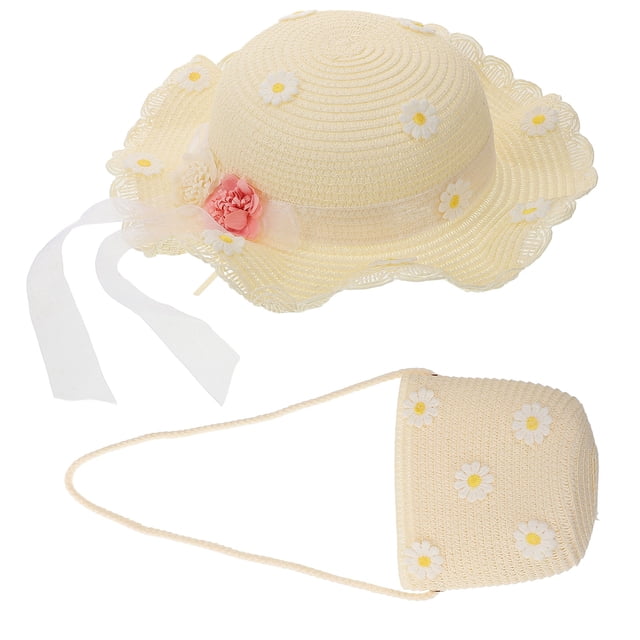 2Pcs Bolso de moda Niños Daisy Sun Hat Niñas Verano Playa Sombrero Wave Sombrero de paja Topee Niños Sombrero y bolso para niñas (Blanco lechoso)