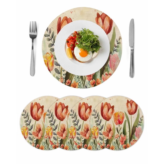 Burnt Orange Spring Floral Round 15 Inch Placemats Set of 4, Summer Botanical Tulip Vintage HeatResistant Non Slip Place Mats for Dining Table, Wipeable Braided Kitchen Table Mats for Housewarming