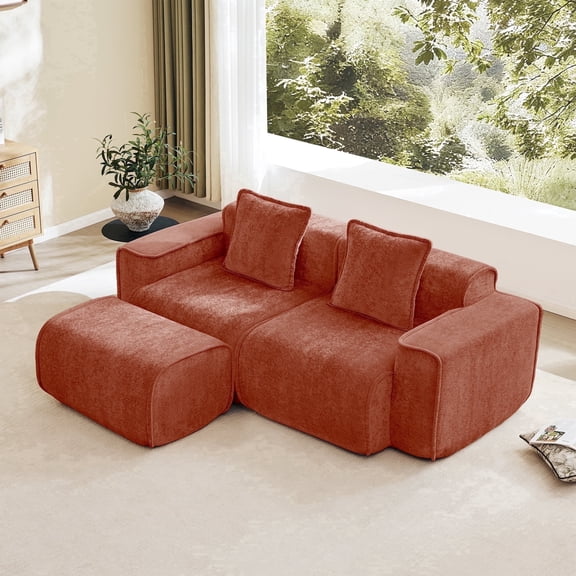 Newest Modern L-Shape Velvet Sectional Sofa with Ottoman & Throw Pillows for Small Living Room & Apartment, Red