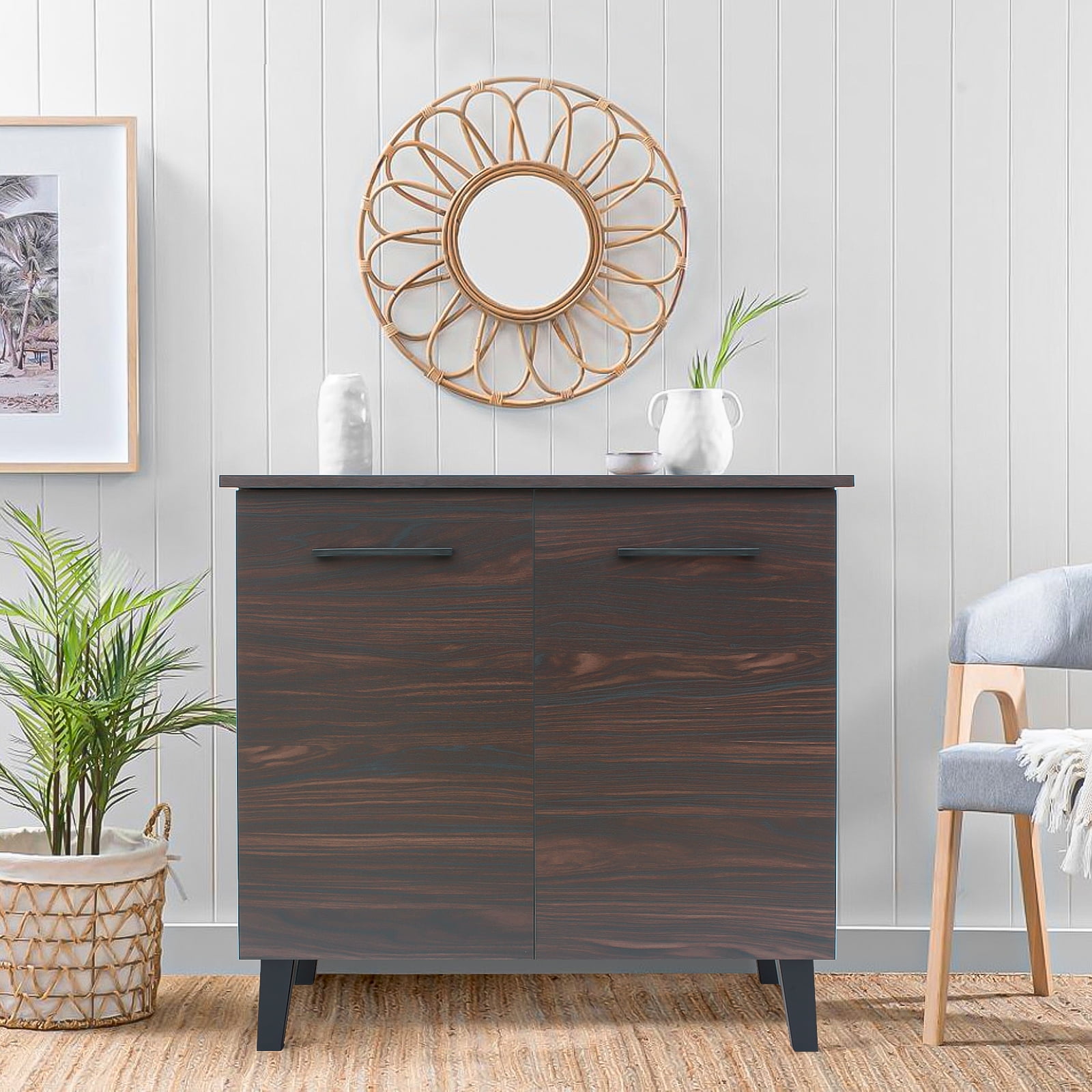 Kadyn Walnut Finished Faux Wood Cabinet, Kitchen Storage Cabinet with 3-Shelf, Modern Fiberboard Storage Cabinet for Living Room Kitchen