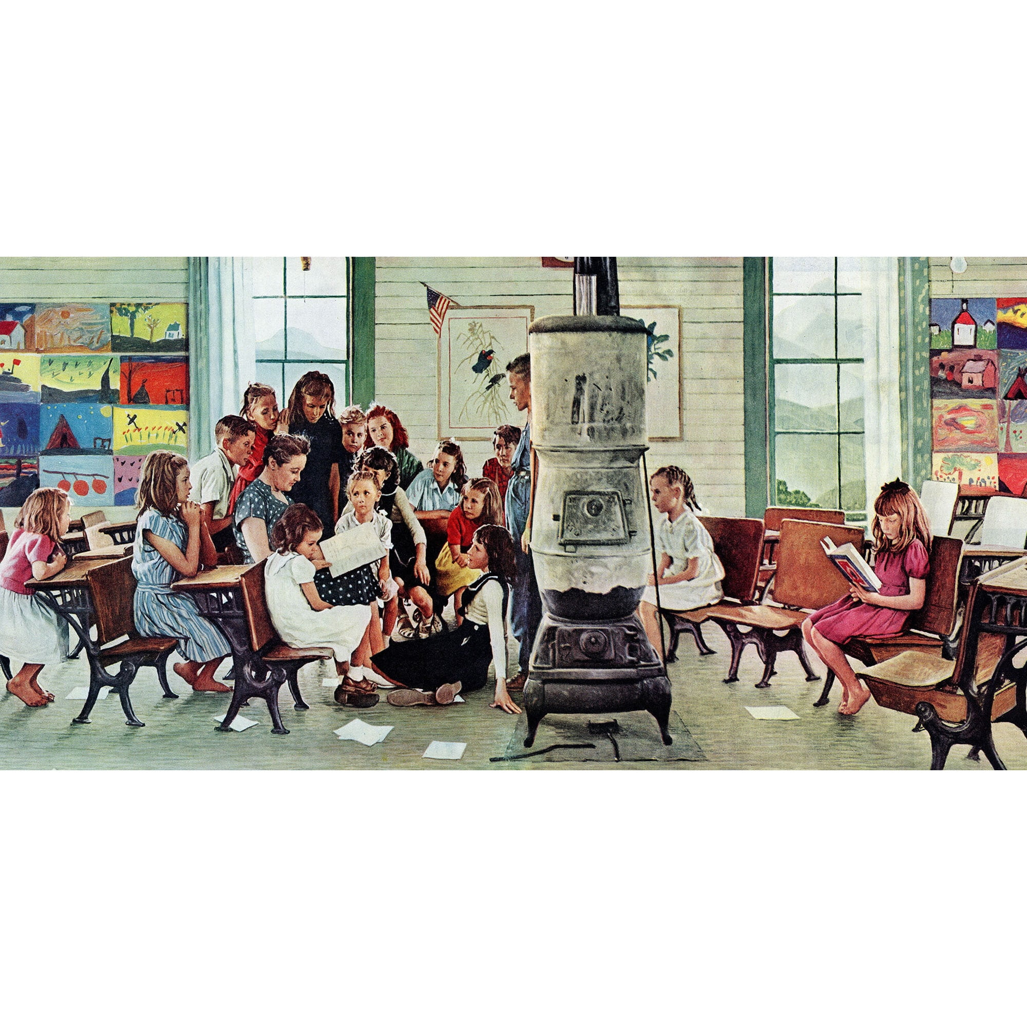 MARMONT HILL  - "Norman Rockwell Visits a Country School" by Norman Rockwell Painting Print on Canvas - Multi-Color 45 x 22.5