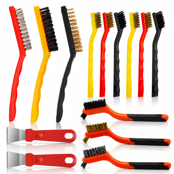 ChrumpTon 14 Pcs Wire Brush Set, Wire Brushes for Cleaning with Brass, Stainless Steel & Nylon Bristles, Curved Grip for Removing Rust, Dirt & Paint, for Home, Kitchen & Workshop Use