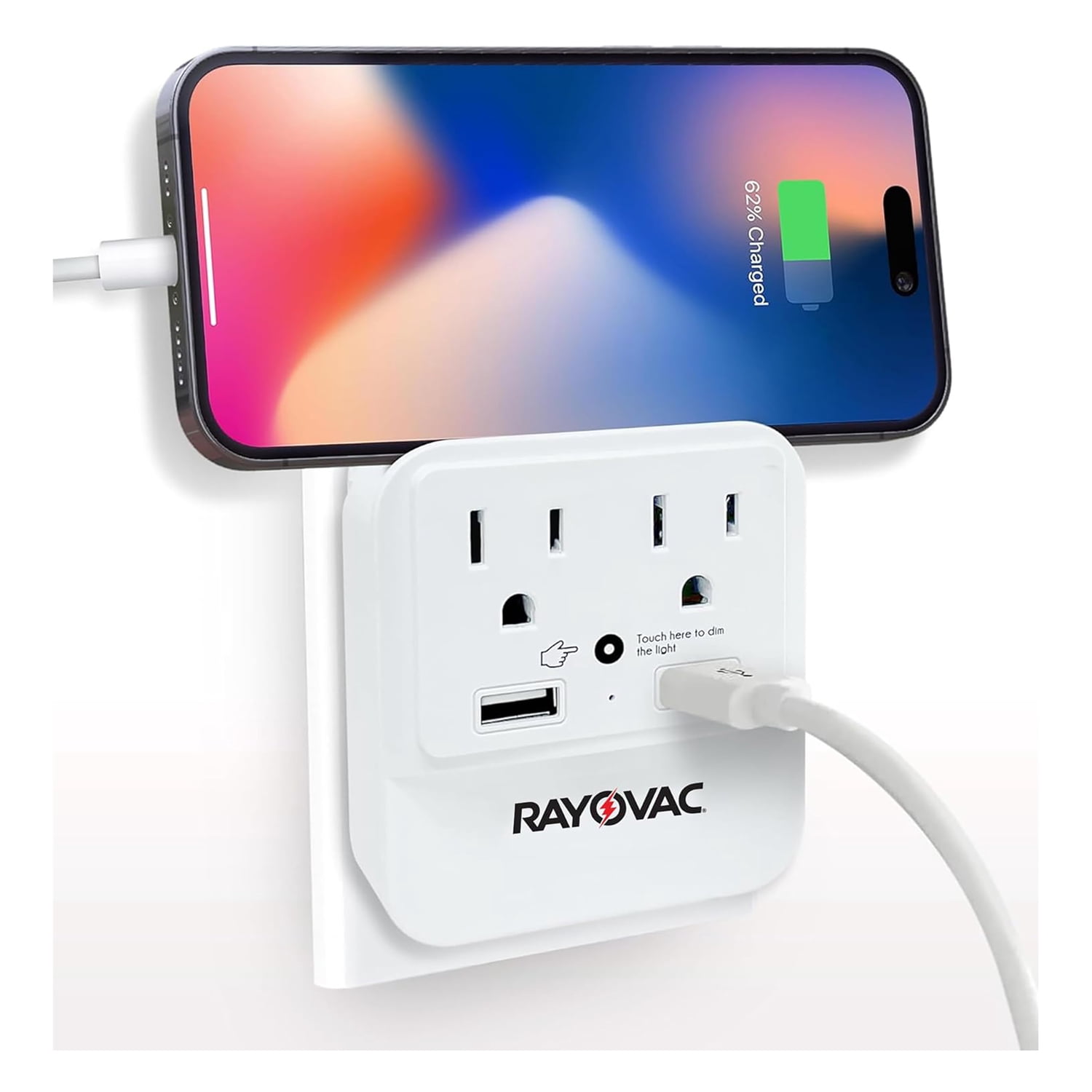RAYOVAC Portable Surge Protector and Splitter Wall Tap with Phone Holder, 2 AC Outlets, 2 USB Ports, and Night-Light, SS-Q202