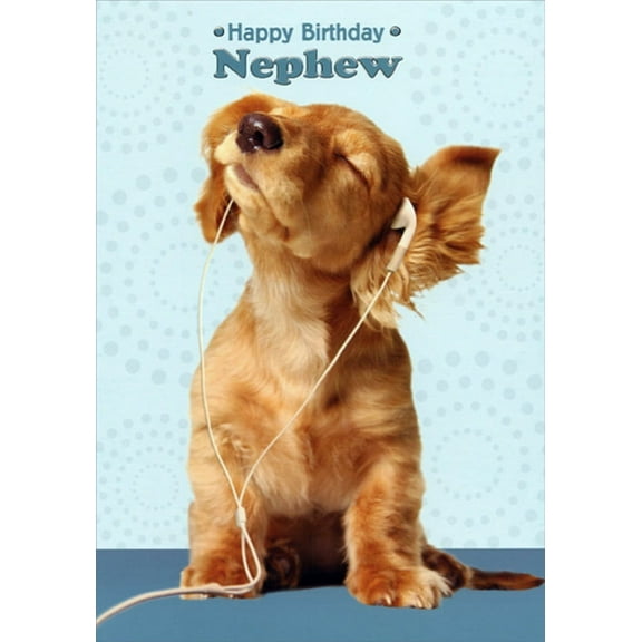 Designer Greetings Puppy Wearing Ear Buds Nephew Birthday Card