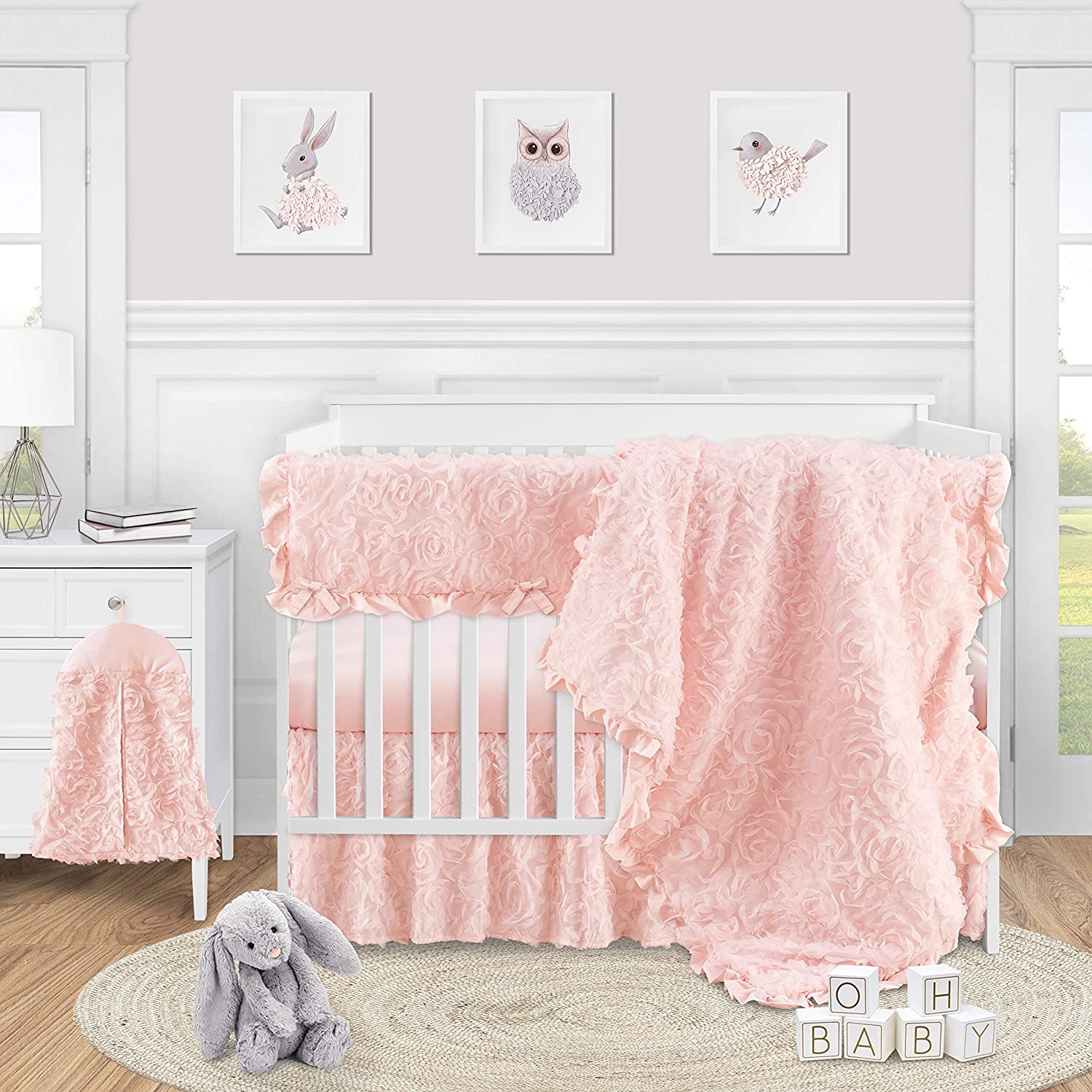 Pink Floral Rose Dust Ruffle Crib Skirt by Sweet Jojo Designs