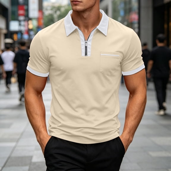 COSFO Quarter Zip Polo Shirt Men Casual Short Sleeve Golf Shirts with Pocket Pullover Solid Collared Classic Fit Tops