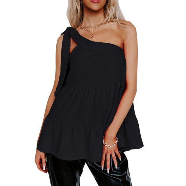 Camiseta sin mangas para mujer, camiseta informal de verano con dobladillo con volantes y correa de un solo hombro