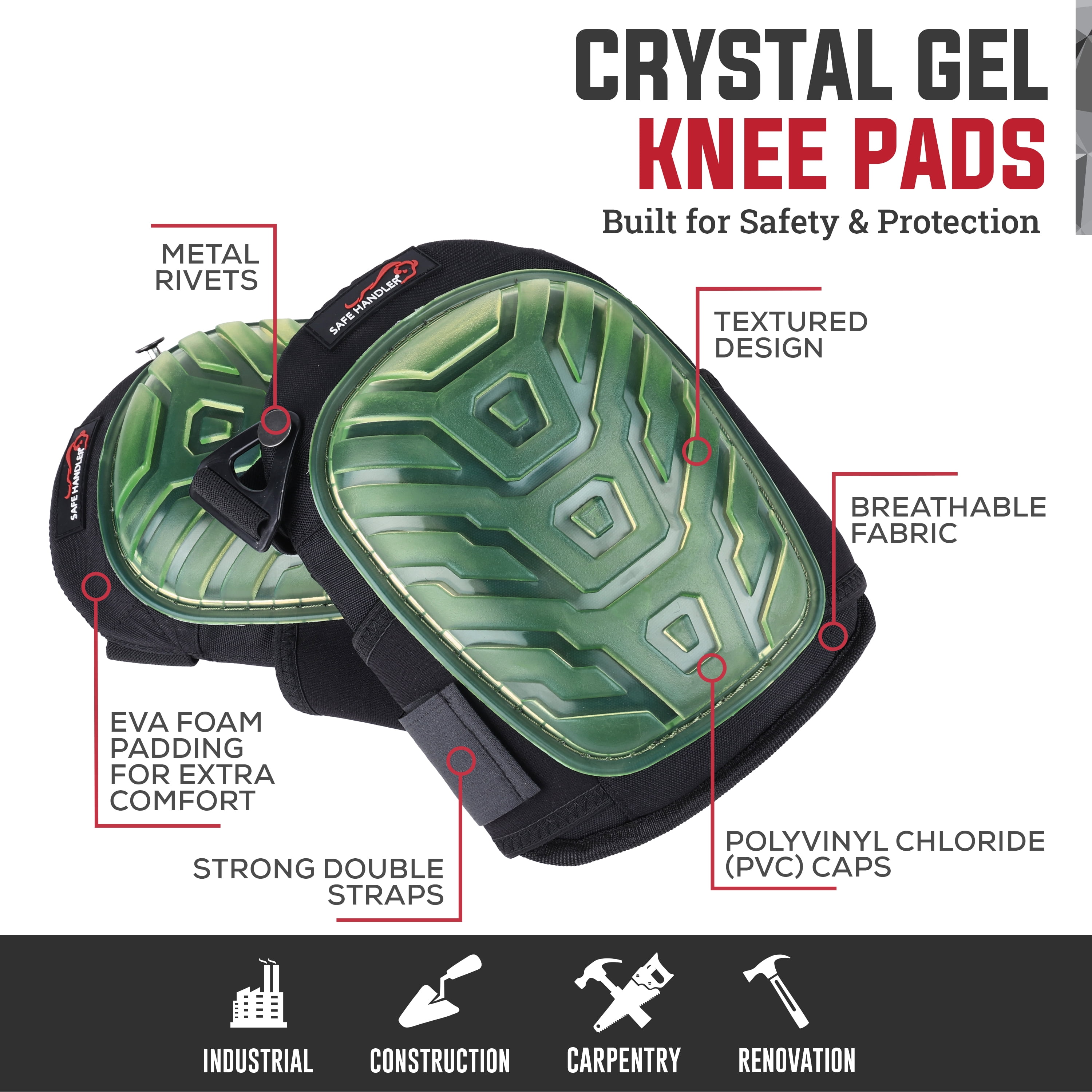 Safe Handler Heavy Duty Work Gel Knee Pads  with Foam Cushion, Adjustable Straps & Hard Cap for Construction