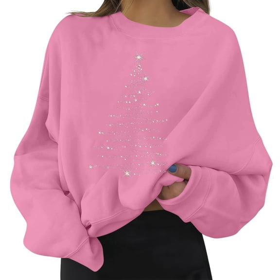 Nmnitkp Christmas Sweatshirts for Women Round Neck Fashionable Printed Sweatshirt Long Sleeved Top Sweatshirt Pink #01 XL