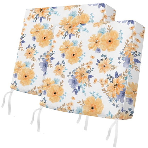 Outdoor Patio Cushion Covers 2 Pack Orange Watercolor Floral Chair Pads Slipcovers with Ties & Zipper Waterproof Seat Cover Spring Flower Leaves Seat Cushion Covers for Outdoor Couch Sofa 22x20 Inch