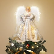 Luxspire 12'' Christmas Tree Topper, Lighted Christmas Angel Tree Topper, USB Plug-in Lights with Remote Control, Light up Vintage Modern Xmas Tree Decoration for Home Party Decor, White Dress