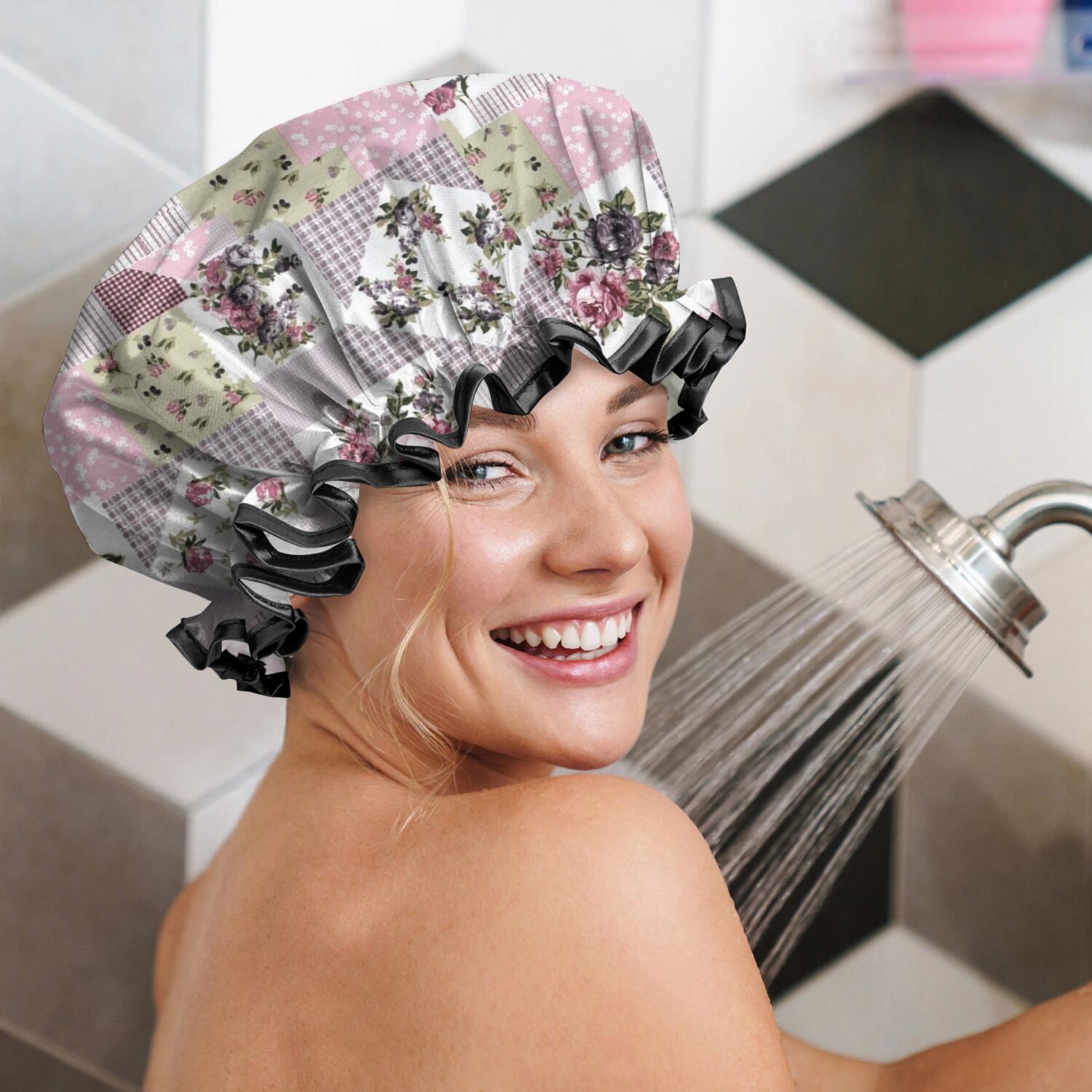 Shower Caps,Pioneer Flower Floral Print Pattern Waterproof Shower Cap for Women 4 Pieces,Double Reusable Hair Cover for Shower PEVA Elastic Stretch Hem
