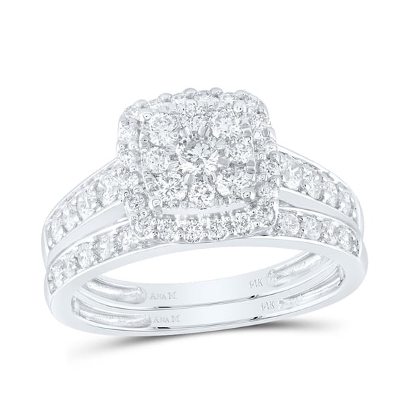 14K White Gold Round Diamond Square Bridal Wedding Ring Set 1cttw