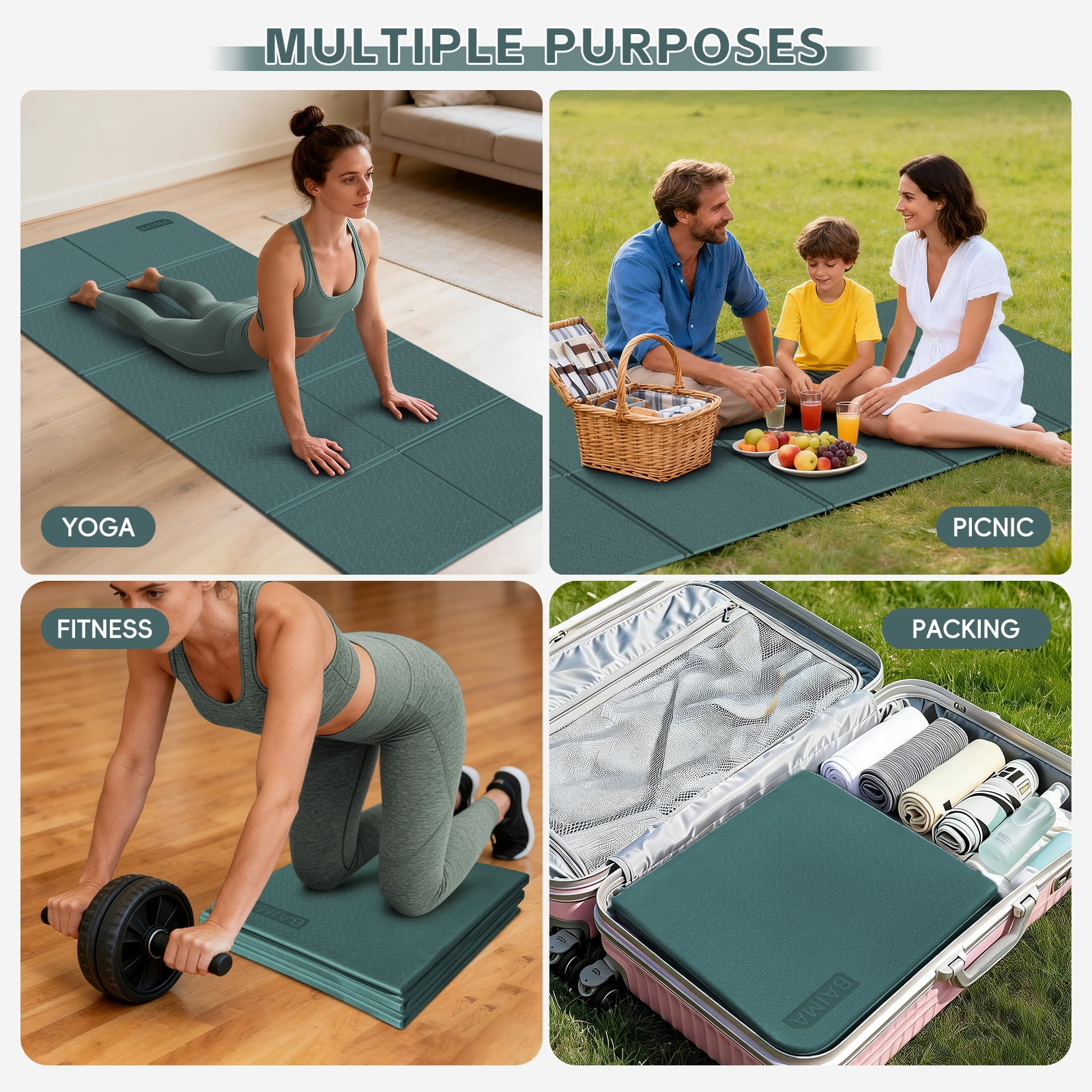 BAIMA Large Yoga Mat Thick Extra Wide and Long , Foldable Portable Travel Square Mats(Darkgreen+Gray)