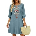 thumbnail image 2 of Women's Boho Floral Embroidered Mini Dress,Notch V Neck 3/4 Sleeve Casual Loose Short Dress,Lightweight Summer Vacation Beach Cover Up Dress, 2 of 6