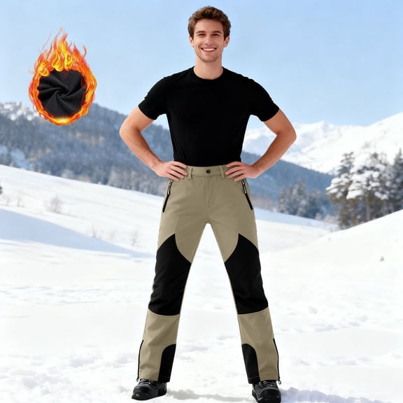 Chiccall Men's Winter Ski Pants with Fleece Lining Colorblock Thermal Warm Waterproof Button Zipper Snow Pants Outdoor Windproof Hiking with Pockets