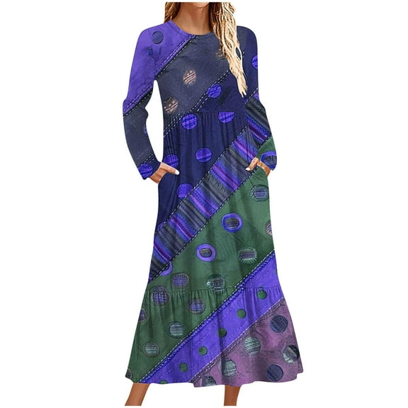 Wancir Women's Casual Long Sleeve Round Neck Hem T-Shirt Loose Dress with Pockets