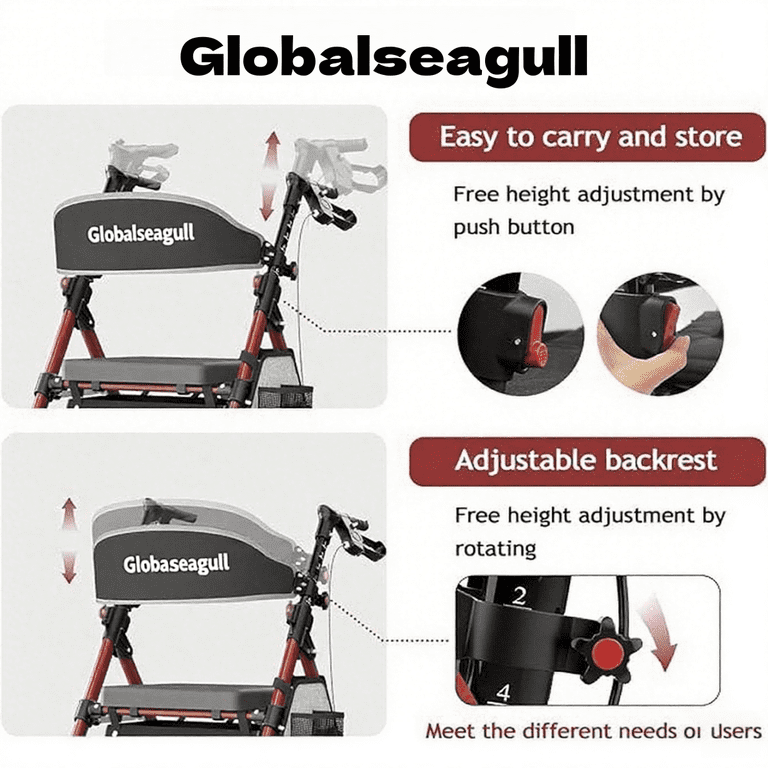 GLOBALSEAGULL, Rollator Walker, Lightweight Foldable Aluminum, Red