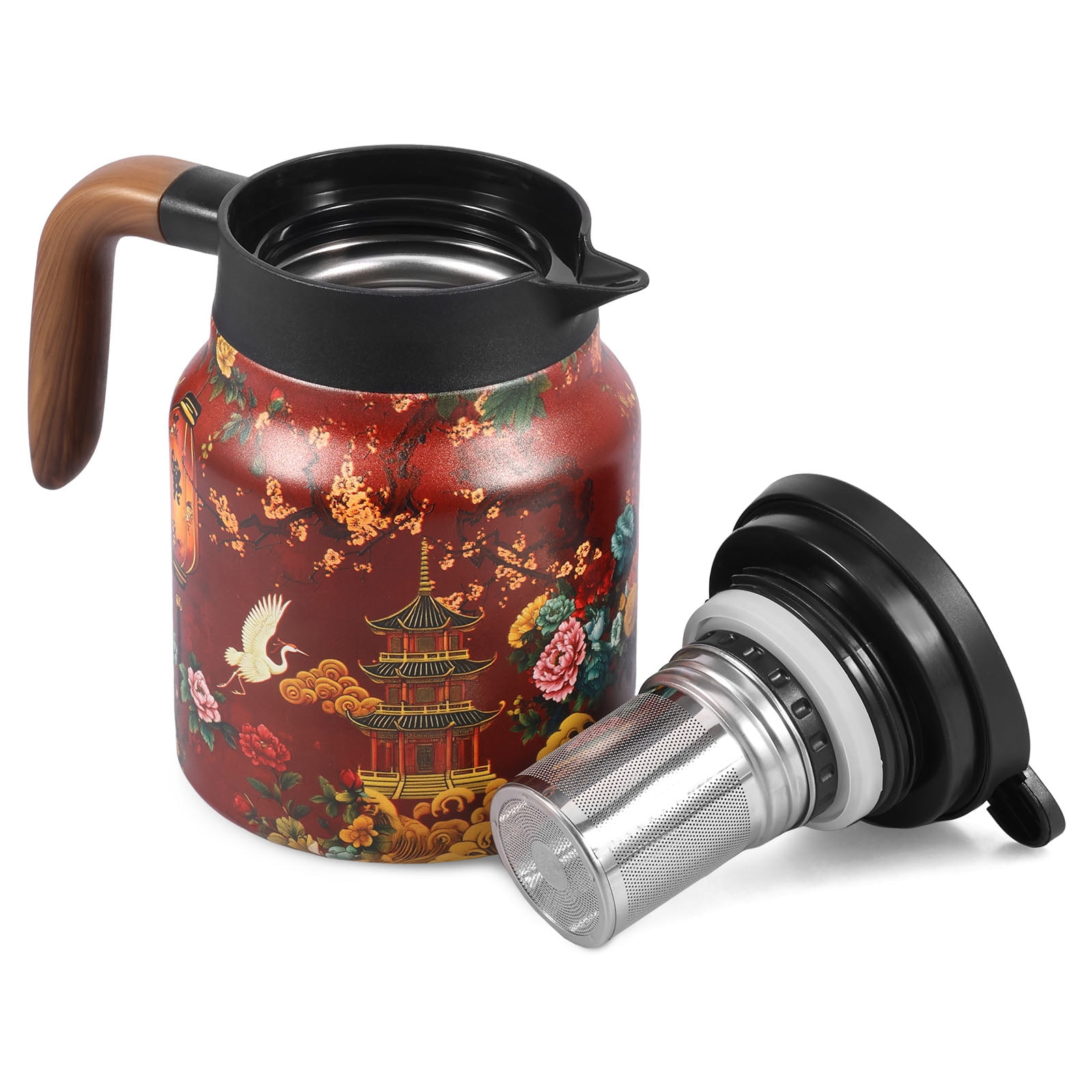 Qenwkxz Vintage Flower Pattern Teapot 33.82oz Vacuum Insulated Stainless Steel Thermal Teapot with Removable Infuser and Wood Handle for Home Office