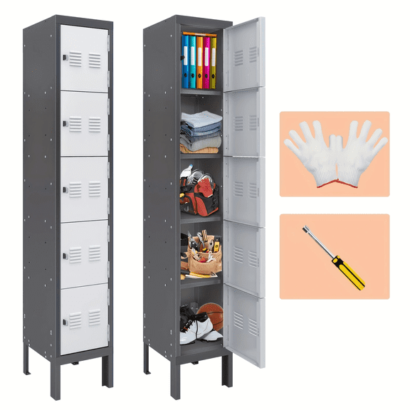 Sapital-66 inch high steel storage cabinet for employee use, with 5-door storage cabinet, gray storage cabinet, with employee card slot, gym, school, home office, garage - assembly required