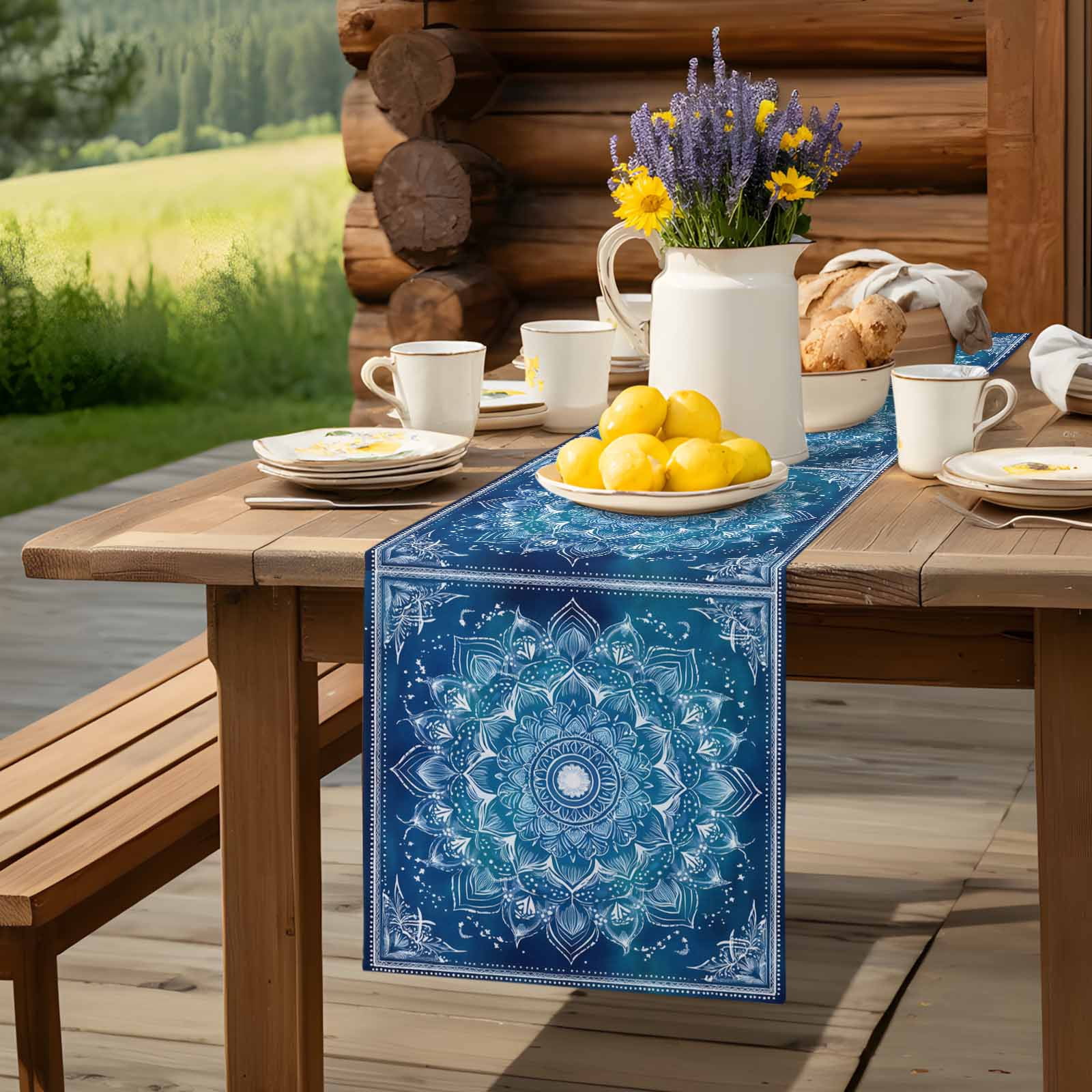 Retro Ethnic Tribal Flower Pattern Table Runner 90 Inches Long, Blue Background Table Runners Tabletop Scarf Kitchen Dining Tables Decoration for Home Party Indoor Outdoor