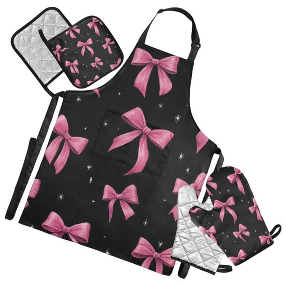 Pink Watercolor Bows Stars Black Background Apron Set with Oven Mitts Pot Holders Set of 5 Kitchen Stuff Accessories