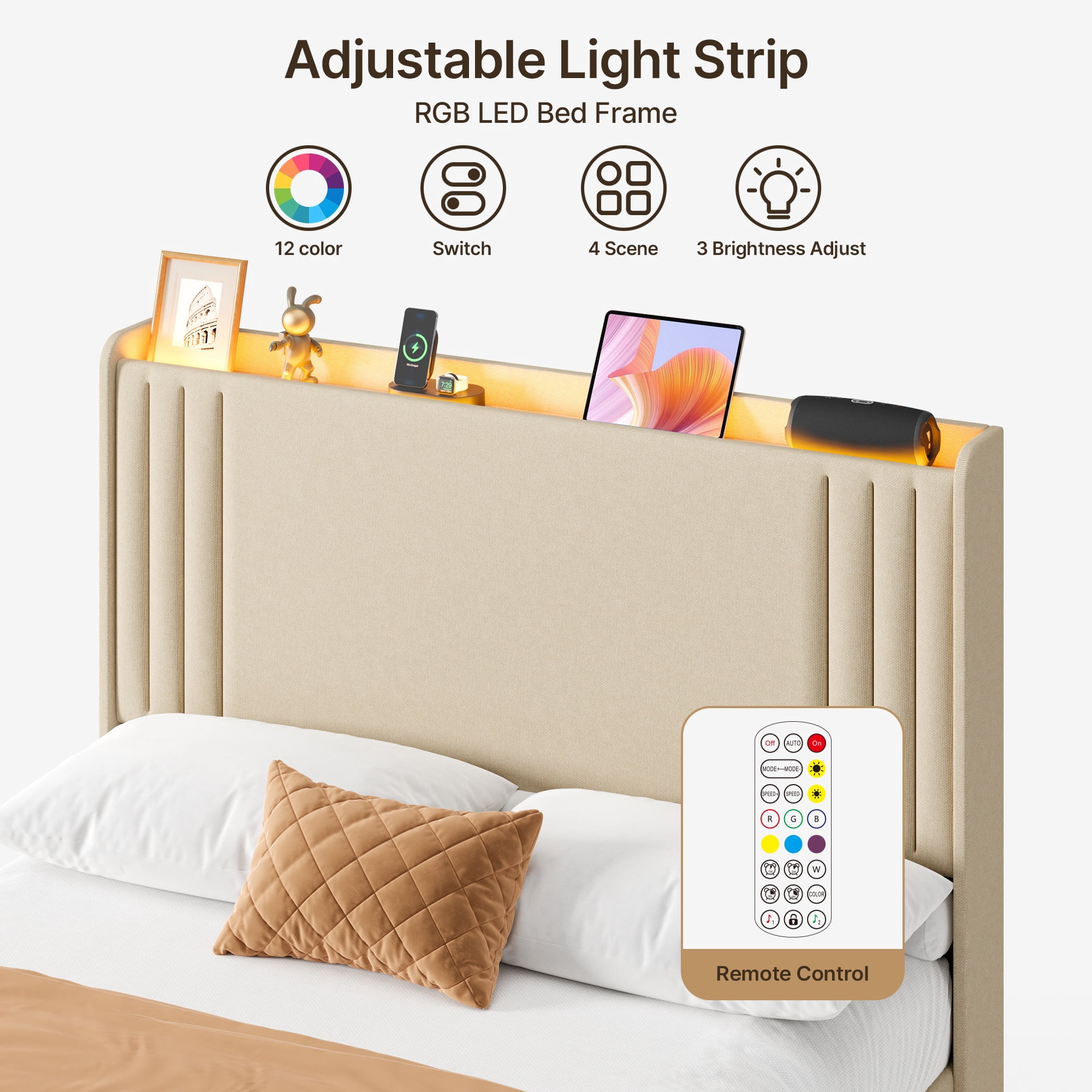Asofer Full Bed Frame w/Upholstered Wingback, Wood Slats, Charging Station & LED Lights, Beige
