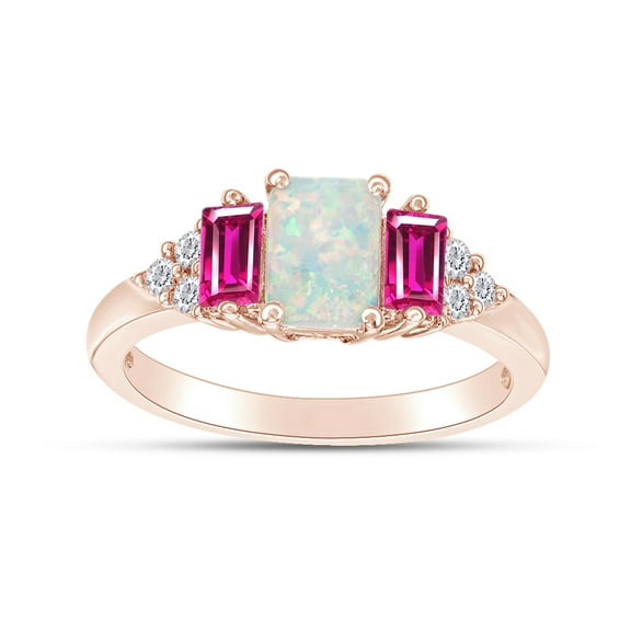 Emerald Cut Lab Created Opal With Simulated Pink And White Sapphire Three Stone Engagement Ring In 14k Rose Gold Over Sterling Silver Ring Size-6.5