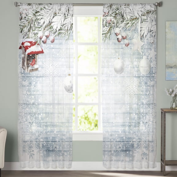 Sheer Curtains 84 inches Long, Winter Christmas Snowflake Wood Grain Light Filtering Sheer Window Curtains Rod Pocket Voile Drapes for Bedroom Living Room, 52"W x 84"L 2 Panels