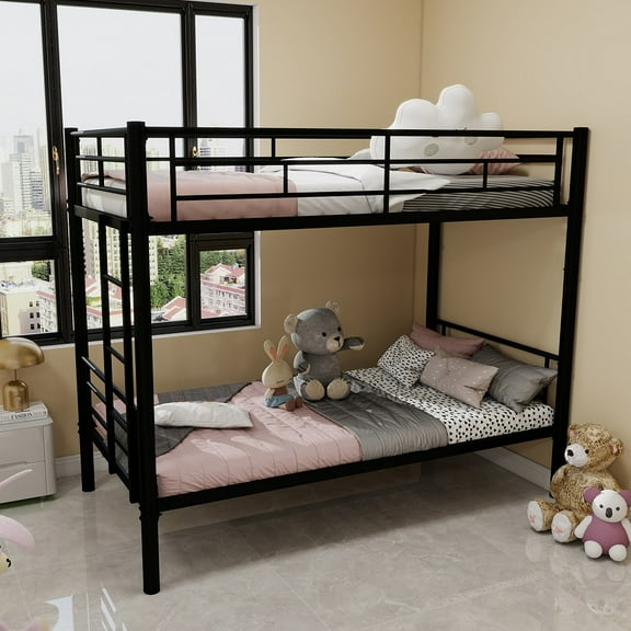Twin Over Twin Metal Bunk Bed Metal Structure Bedframe with Ladders & Guardrail,Convertible 2 Beds,No Spring Box Required