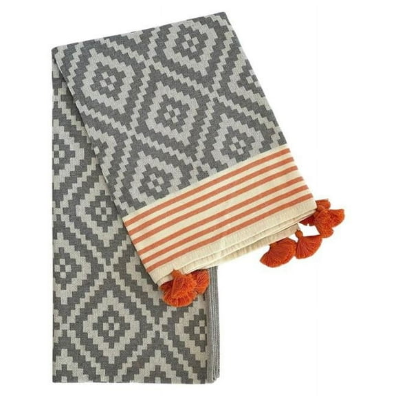 HomeRoots 521296 39 x 71 in. Gray & Orange Cotton Geometric Turkish Towel Throw Blanket with Tassels