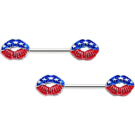 Body Candy 14G Womens Nipplerings Piercing Surgical Steel 2Pc USA Patriotic Kissy Lips Mens Nipple Ring Set 9/16"