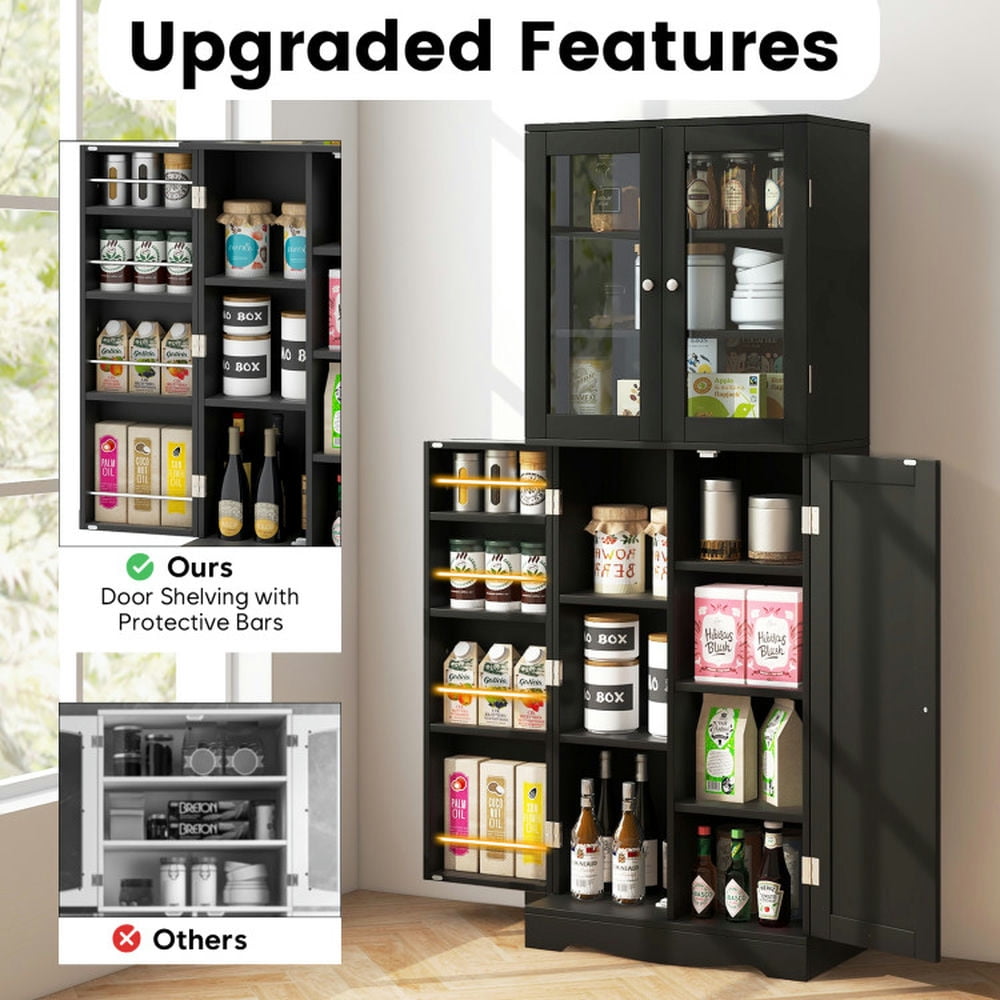 Finihen Kitchen Storage Cabinet, Buffet Sideboard, Tall Kitchen Pantry Cabinet with Dual Tempered Glass Doors and Shelves, for Dining Room, Kitchen, Living Room, Black Finihen Kitchen Storage Cabinet, Buffet Sideboard, Tall Kitchen Pantry Cabinet with Dual Tempered Glass Doors and Shelves, for Dining Room, Kitchen, Living Room, Black