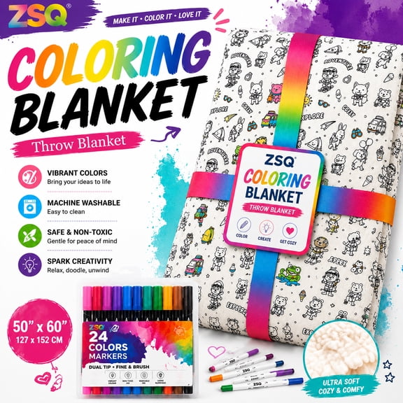 Coloring Blanket for Adults with Markers, Throw Blanket for Couch, Sherpa Fleece, Color Your Own Doodle, DIY Craft, Machine Washable, Soft Home Decor